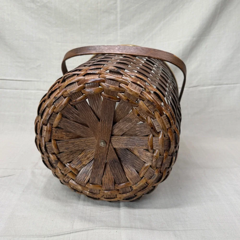 Vintage Woven Wood Waste Basket Brass Rim English Cottage Office Decor 1980s
